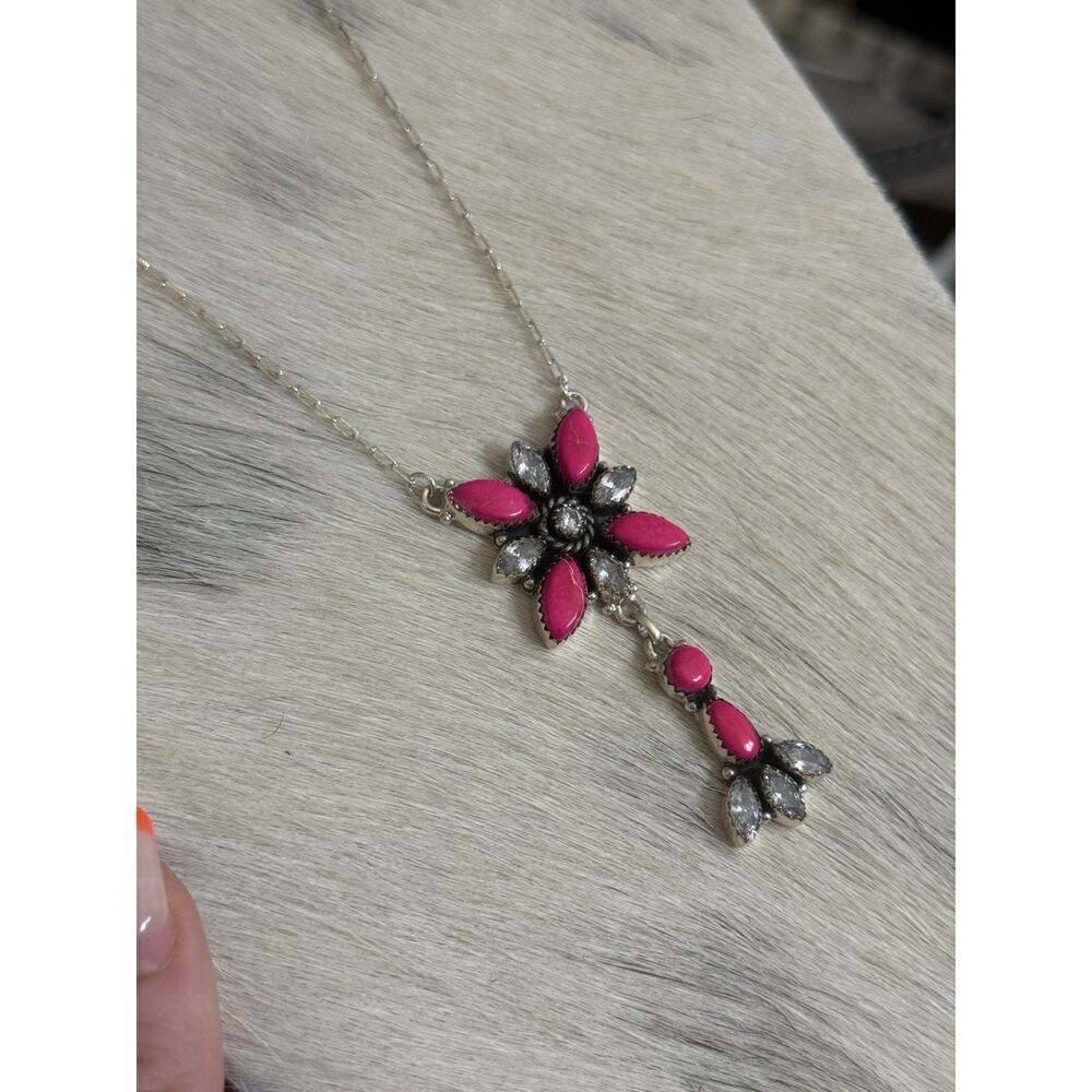 Native American SW Sterling Silver Neon Pink Jasper & CZ Cluster Lariat Necklace - Picture 6 of 11